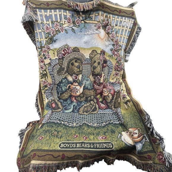 Boyds Bears Friends Blanket Tea Time Tapestry Throw Afghan Floral Fringe‎ 66x48 - Picture 1 of 9